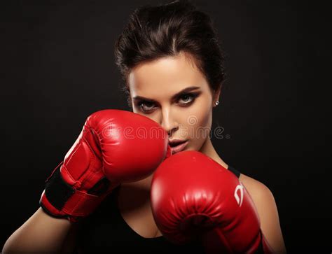 Gorgeous Woman With Dark Hair In Sports Gloves For Boxing Stock Image