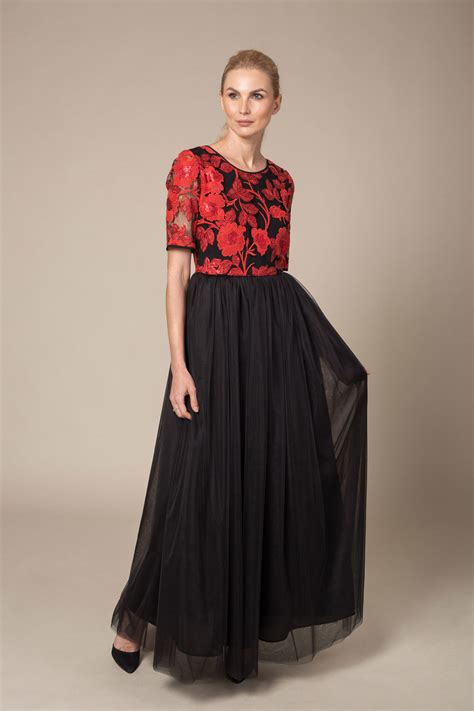 Red And Black Sequin Bodice Tulle Bottom Maxi Dress Le Parole