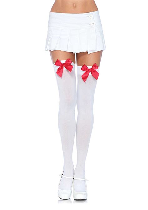 Leg Avenue Womens Opaque Thigh High Stockings With Satin Bows Clothing Thigh