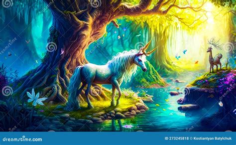 Painting Of Unicorn And Deer In Forest Generative Ai Stock