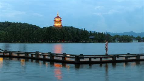 Hangzhou Tower On West Lake At Night Landscape Image Free Stock Photo