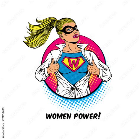 Vecteur Stock Women Power Pop Art Sexy Blonde Woman In Mask Shows Superhero T Shirt With W Sign