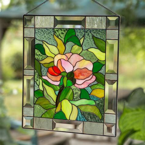 Peony Flower Stained Glass Window Hanging Panel