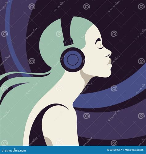 Profile Of A Young Woman Listens To The Music On The Headphones The