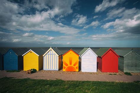 Capture Coastal Beach Huts Summer Day Image Captured Wide Angle