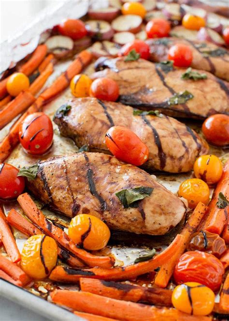 Chicken is less expensive, and provides lots of flavor and nutrition, too! One Pan Balsamic Chicken and Veggies - I Heart Nap Time