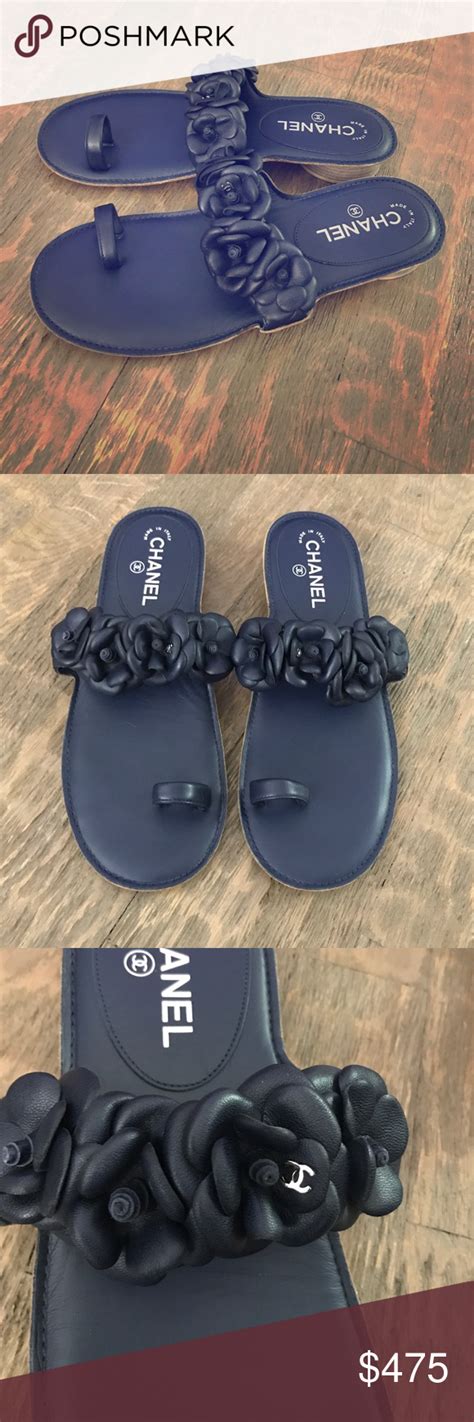 Chanel Camellia 40 85 9 Navy Blue Leather Sandals Blue Leather