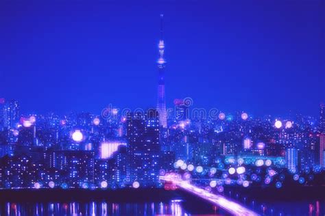 Tokyo City Night Background With Blur Bokeh Lights Editorial