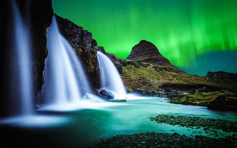 Waterfall Kirkjufell Northern Lights Scenery Photo Hd Wallpaper Preview