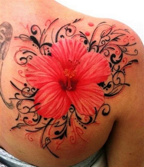 Red And Black Tribal Hibiscus Tattoos