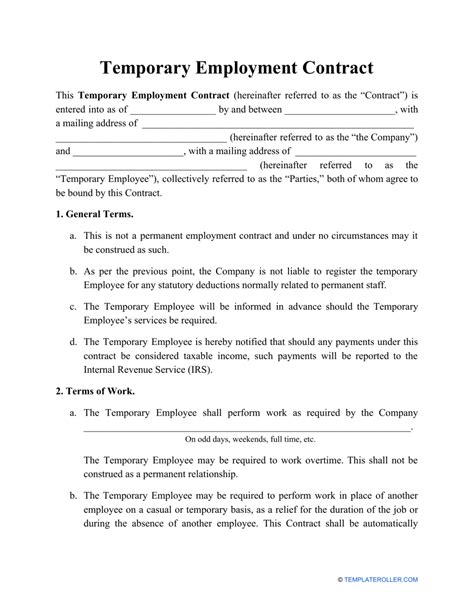 Printable Temporary Employment Contract Template Printable Templates