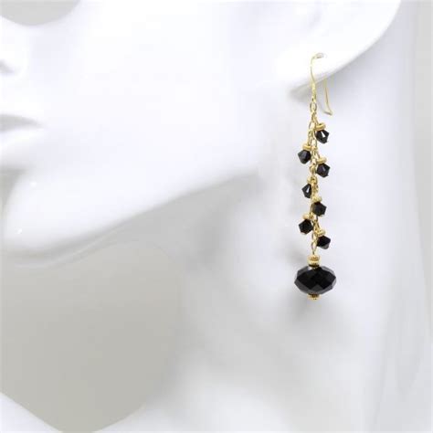 Black Crystal And Gold Vermeil Drop Earrings Gold Lotus Blue