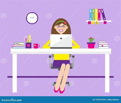The Girl Is Sitting At The Computer Vector Illustration Stock Vector
