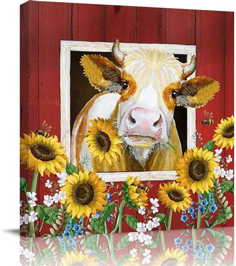 Canvas Prints Cute Cow And Sunflowers In The Barn Of The Idyllic Farm