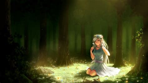 Wallpaper Anime Elf Girl Choker Forest Smiling Green Eyes Headband