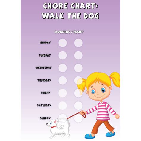 This printable chore chart can either be used as a chore checklist and schedule for one child, or you can write the names of the children in the blanks to keep track of who is doing what. Girls Chore Chart 'Walk the Dog' Improve Behavior