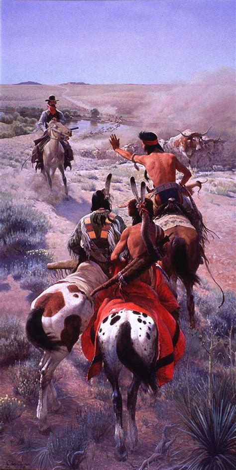 An Oil Painting Of Cowboys Riding Horses In The Desert