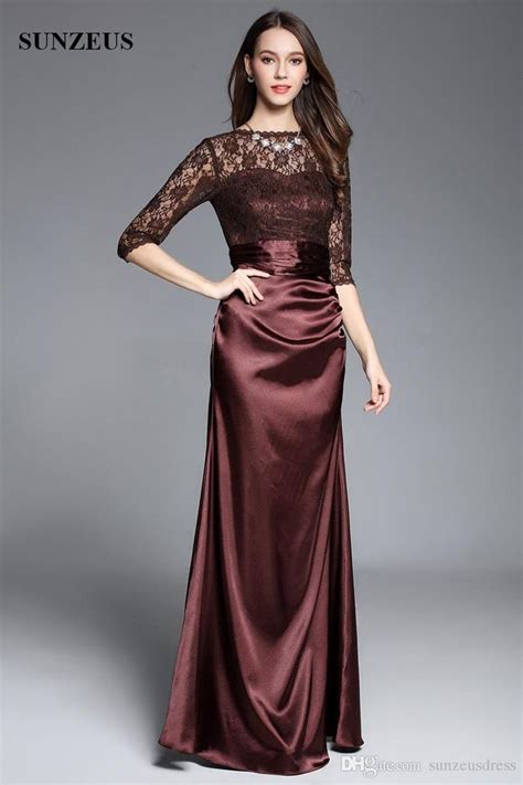 lace half sleeve long satin women evening dresses elegant brown mother of the bride party dres