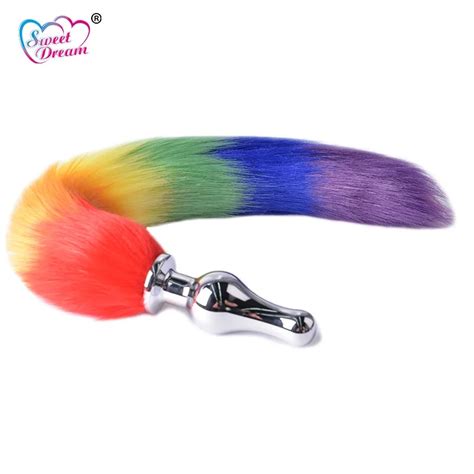 buy sweet dream rainbow faux fox tail gourd anal plug stainless steel metal