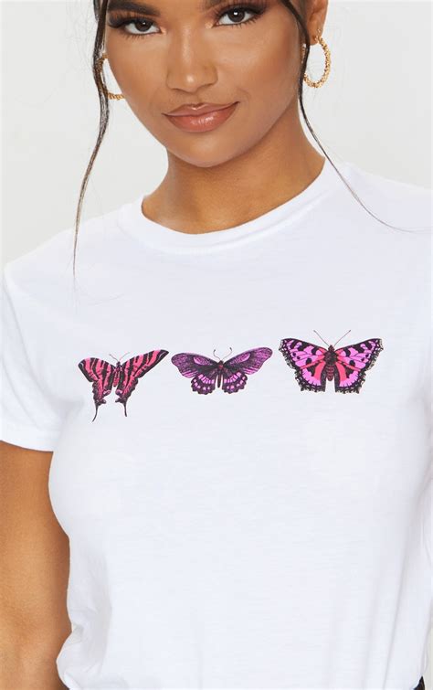 White Butterfly Print Fitted T Shirt Tops Prettylittlething