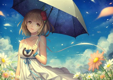 Hair Yellow Flowers 720p Umbrella Brown Dress Cleavage