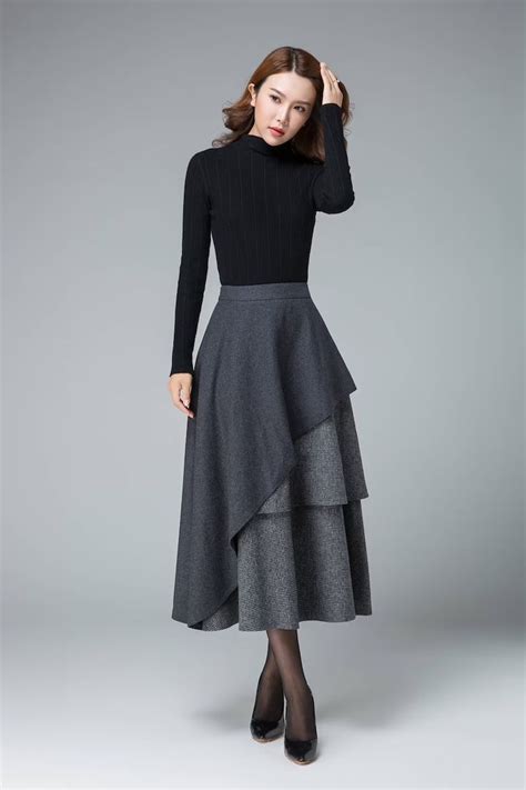 Gray Wool Skirt Maxi Winter Skirt Layered Skirt High Etsy Wool