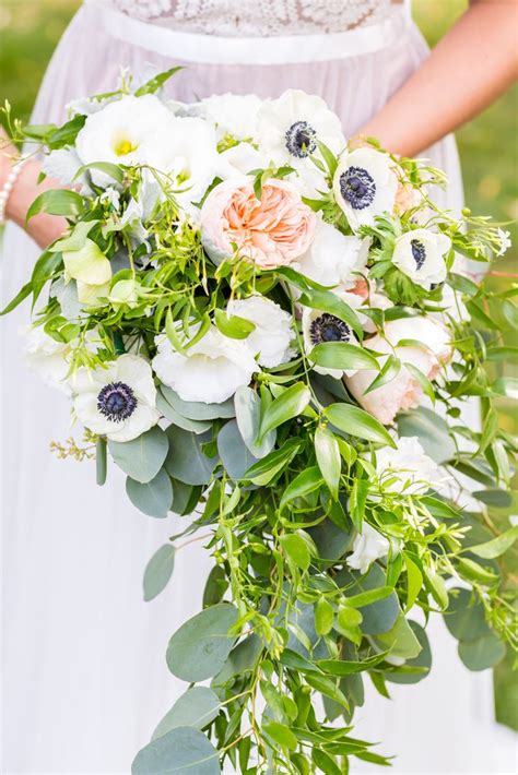 White garden roses wedding bouquet. Gorgeous Cascading Wedding Bouquet: White Anemones, White ...