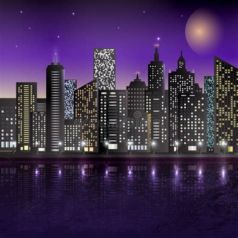 Illustration Of Night Scene Of City With Illuminated Building Stock