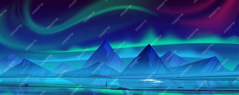 Free Vector Night Landscape With Aurora Borealis In Sky River And