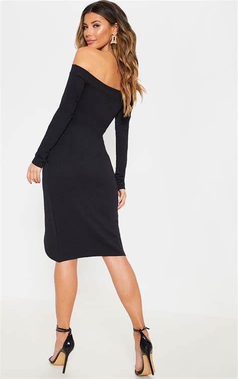 Black Long Sleeve Bardot Wrap Midi Dress Prettylittlething Usa