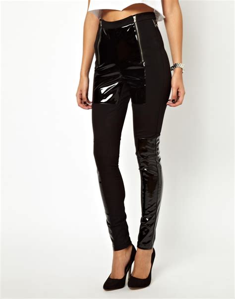 Asos High Waist Pants With High Shine Panels In Black Lyst
