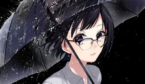 Wallpaper Anime Girl Meganekko Raining Glasses Short