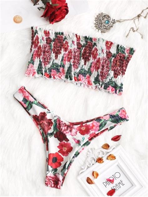 Up To Off Floral Bandeau Smocked Top With Thong Bikini Bottoms