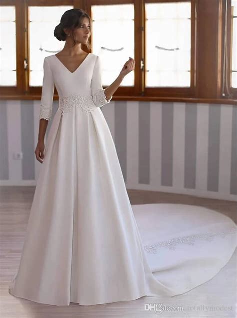 Discount34 Sleeves A Line Modest Wedding Dresses Sleeved V Neck Lace