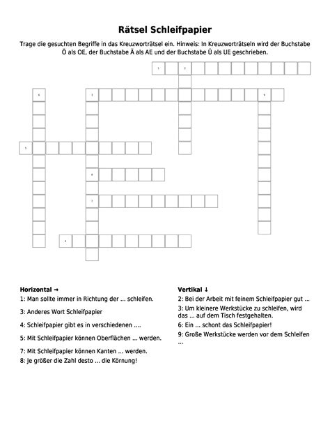 Auf diese fragen kann der sachunterricht in der schule antworten geben. Arbeitsblatt "Rätsel Schleifpapier " (Kreuzworträtsel) als ...