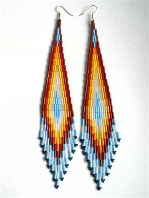 Long Native American Inspired Double Diamond Bugle Bead Earrings
