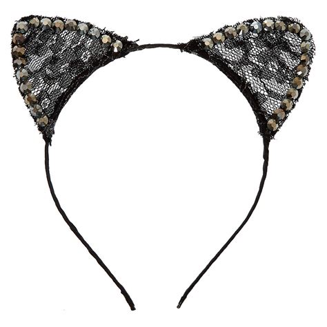 Lace Stone Cat Ears Headband Black Claires Us