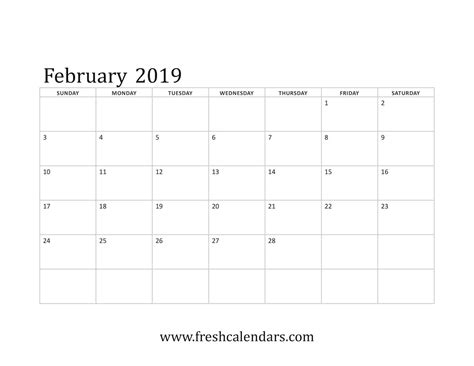 Free Printable February 2019 Blank Template Monthly Calendar Template