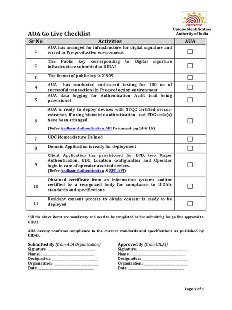 Aua Go Live Checklist 12 Pdf Authentication Specification