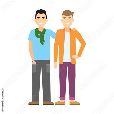 Isolated Gay Couple Two Handsome Cartoon Men Standing On White