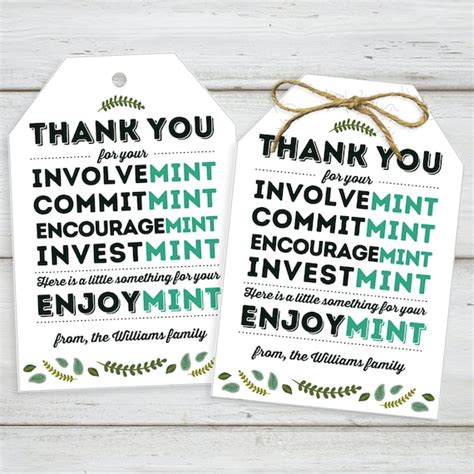 Printable Thank You Tags Mint T Tag Volunteer Mint Etsy