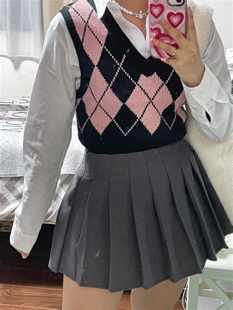 Sweater Vest Outfit Pink Tennis Skirt Pleated Skirt Kfashion Academia Aesthetic Preppy Outfit