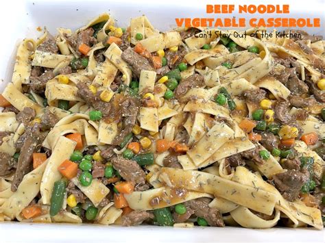 Autumn veggies, creamy ricotta, and crispy cracker bits on top! Beef Noodle Vegetable Casserole - Can't Stay Out of the Kitchen