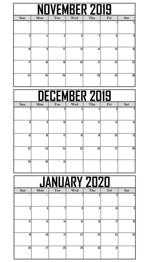 November December January 2020 Calendar Printable Pdf Word Excel