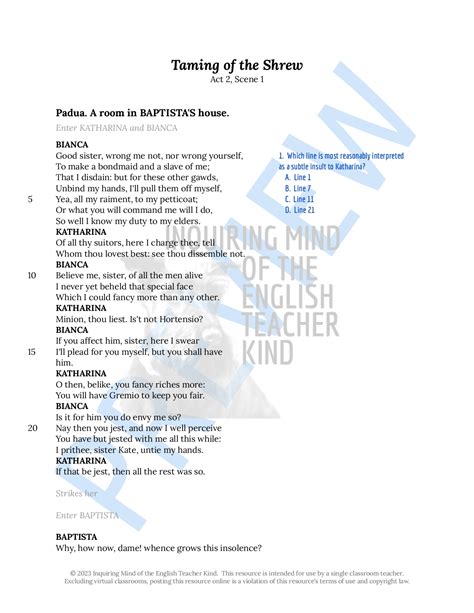 taming of the shrew act 2 scene 1 close reading worksheet teaching resources