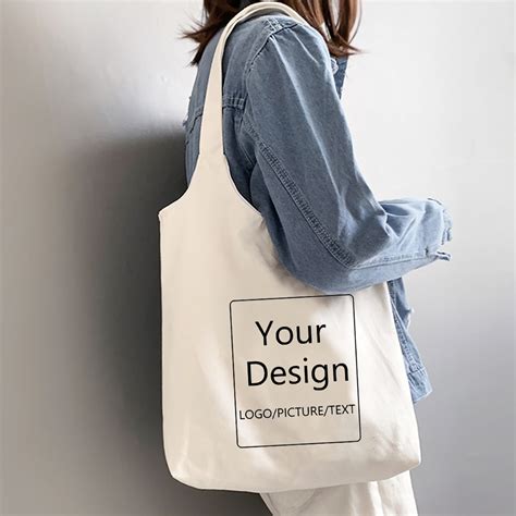 Korean Style Canvas Tote Bag With One Color Logo And Graphic Print
