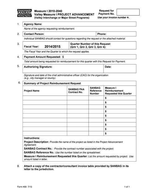 Fillable Online Sanbag Ca Form 400 Request For Payment For Mi 2010