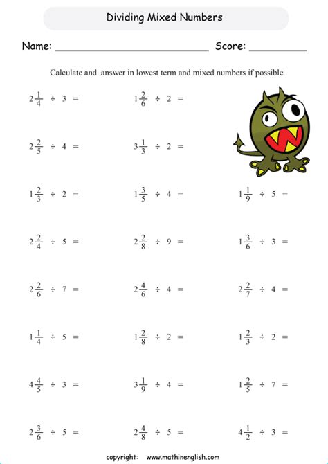 Divide Mixed Numbers By Whole Numbers Worksheet