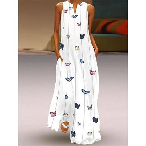 Butterfly Print Maxi Dress Women Sleeveless Casual Loose Long Dresses