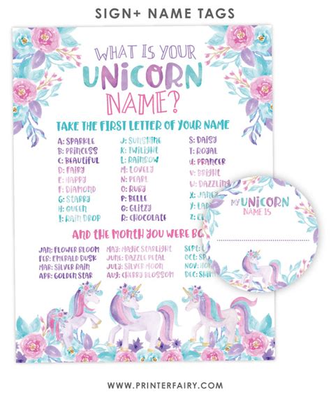 unicorn name printable game printerfairy